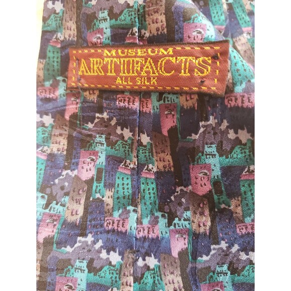 Museum Artifacts All Silk Tie Buildings Abstract Blue Purple Green Handmade - Picture 6 of 8